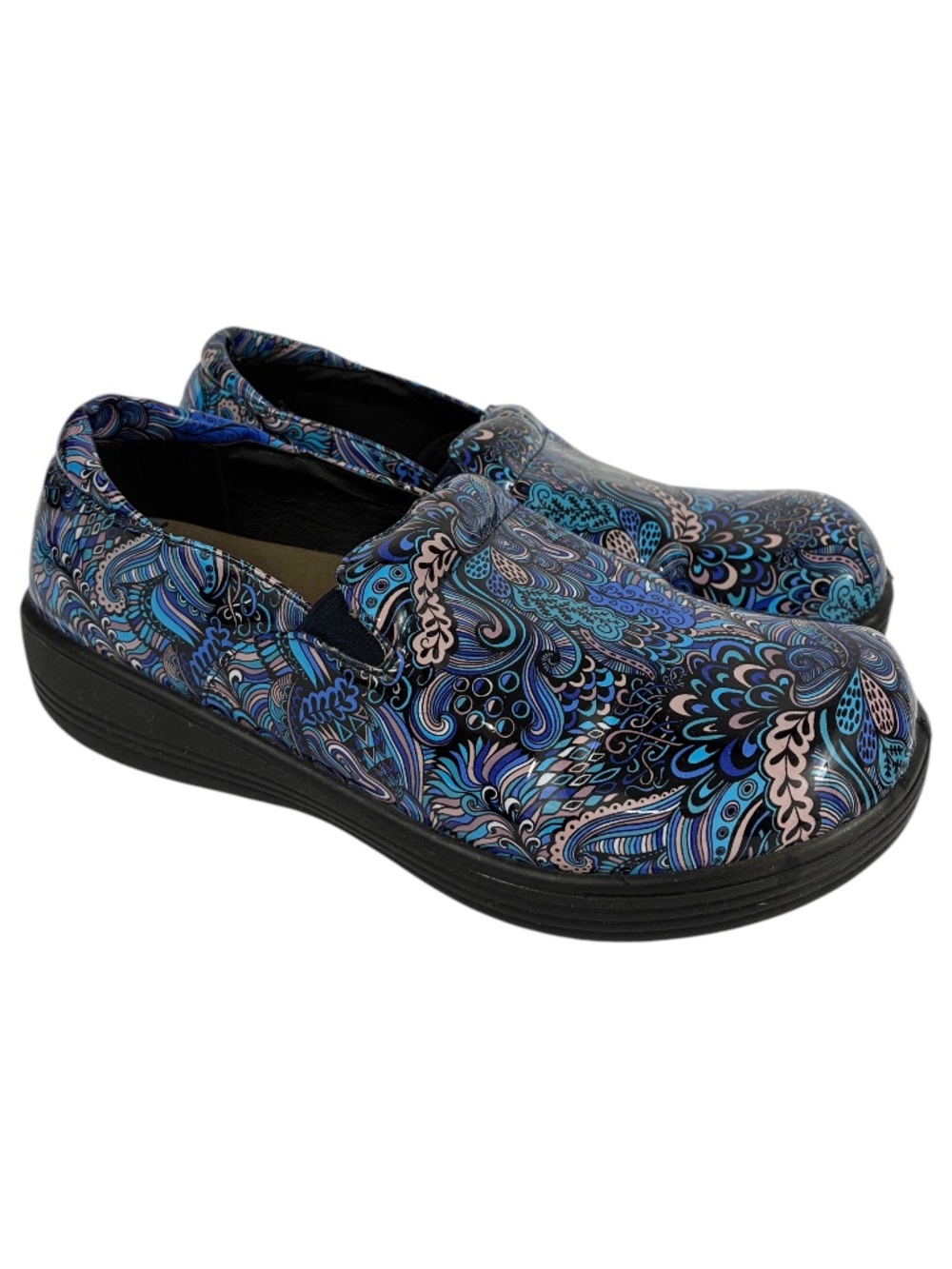Savvy Paisley Nursing Clogs 7 Patent Leather Shiny Blue Floral Comfort Shoes